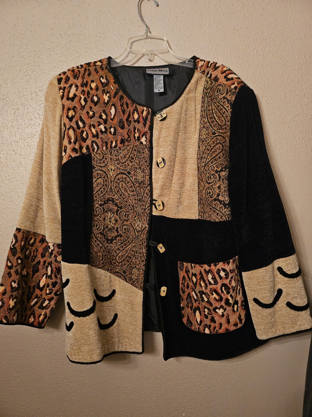 Indigo Patchwork Animal & Paisley Cardigan Jacket - Beige Black